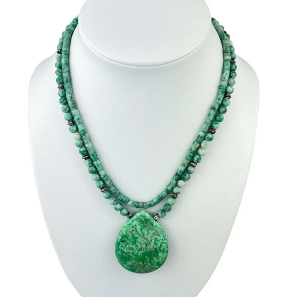 Two Strand Chrysoprase Beaded Necklace | Vintage Sterling Silver 925 | 16" - Picture 1 of 10